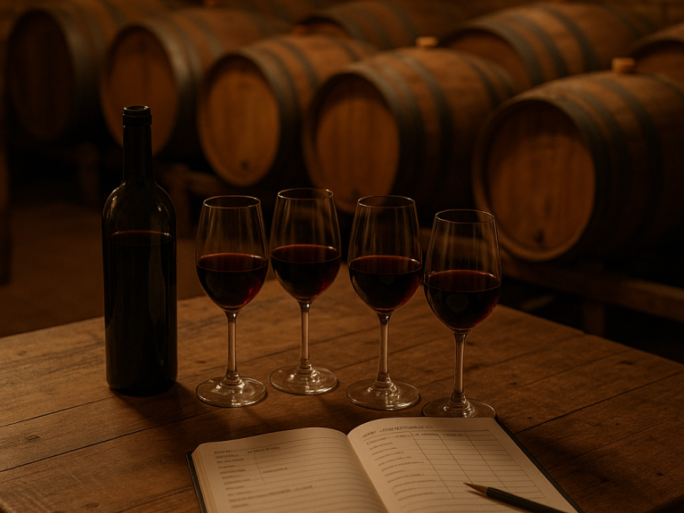 Mesa con muestras de vino y notas técnicas de cata